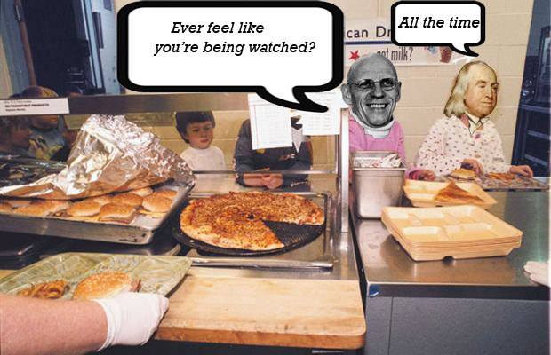A shot of a school cafeteria. Two children are pushing their trays down the counter. One has Michel FOucault's head and the other has Jeremy Bentham's. Foucault has a thought bubble that says "Ever feel like you are being watched?" Bentham has a bubble that says "All the time."